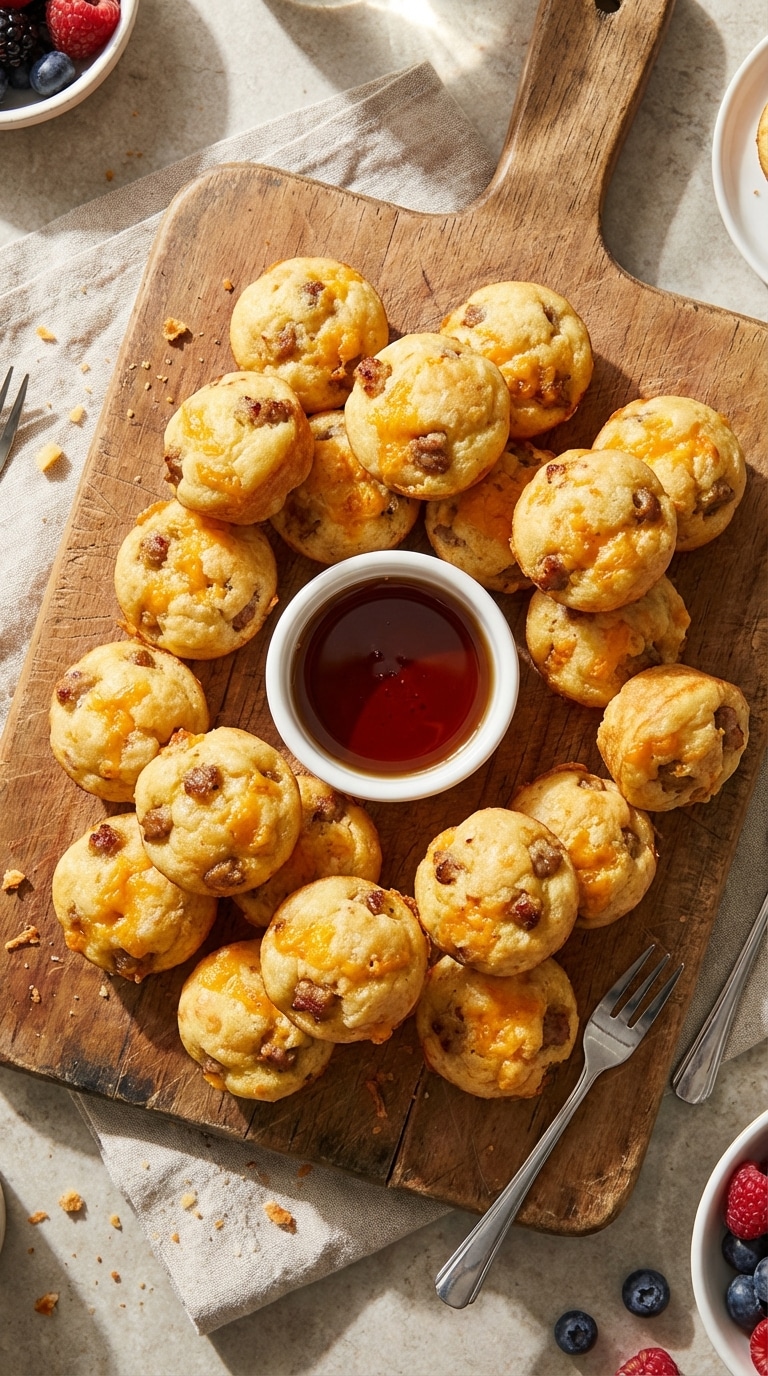 A wooden board piled with golden pancake bites filled with sausage and cheese, next to a small bowl of maple syrup for dipping.